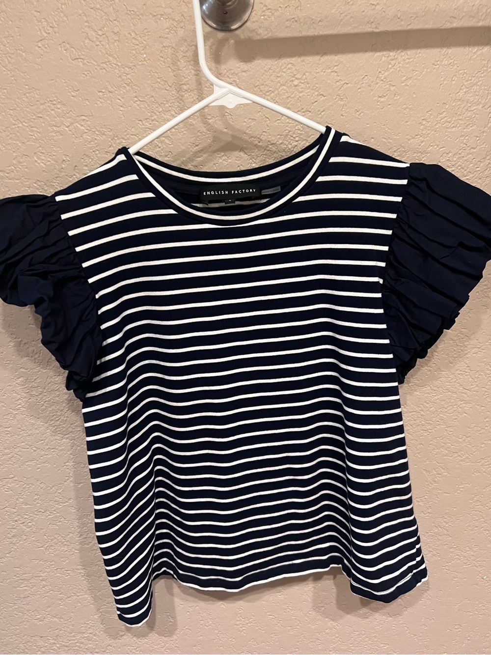 English Factory Navy & White Striped Ruffle Sleeve Tee